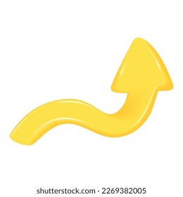 Hand drawn realistic yellow 3d arrow. Shape of pointing up 3d icon. Design of realistic arrow sign. Abstract vector illustration isolated on white background