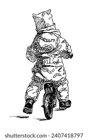 Hand drawn rear view illustration of small child in overalls and hat riding bicycle outdoors