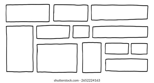 Conjunto De Quadros De Caixa De Retângulo Desenhado À Mão. Borda Do Marcador Da Linha Do Retângulo Do Pincel De Esboço. Ilustração de vetor