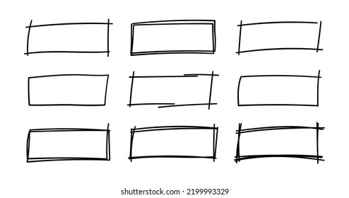 Handgezeichnete Rechteckrahmen. Graue, schreibende Rechteckrahmen. geometrische Doodle-Grenzen. Pen Tinte leere schwarze Textfelder Set. Vektorgrafik einzeln auf weißem Hintergrund.