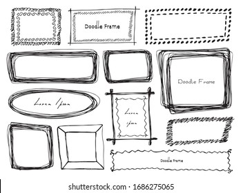 Hand drawn rectangle frames set, round and oval frame collection. Cartoon vector square borders. Pencil effect shapes isolated