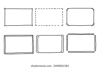 Hand drawn rectangle frames set. Doodle rectangular shape. Scribble pencil square text box.  Line border. Vector illustration isolated on white background.