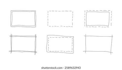 Hand drawn rectangle frames set. Doodle rectangular shapes. Scribble square text box. Highlighting elements mockups. Lined border templates. Graphic outline simple illustration.	