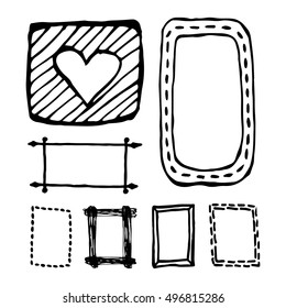 Hand drawn rectangle frames set. Cartoon vector square borders. Pencil effect shapes isolated.