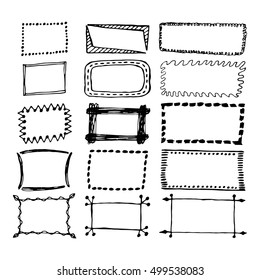 Hand drawn rectangle frames set. Cartoon vector square borders. Pencil effect shapes isolated.