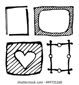 Hand drawn rectangle frames set. Cartoon vector square borders. Pencil effect shapes isolated.