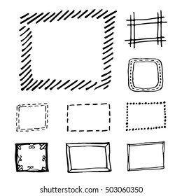 Hand drawn rectangle frames set. Cartoon vector square borders. Pencil effect shapes isolated.