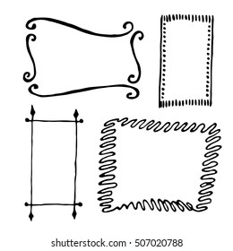 Hand drawn rectangle frames set. Cartoon vector square borders. Pencil effect shapes isolated.