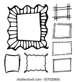 Hand drawn rectangle frames set. Cartoon vector square borders. Pencil effect shapes isolated.