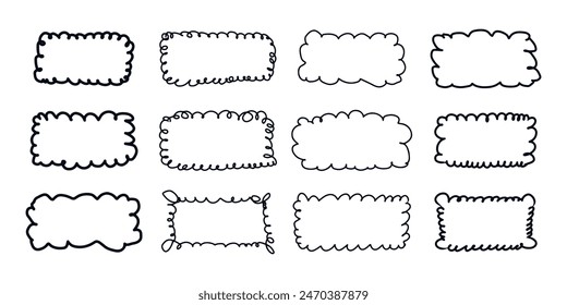 Hand drawn rectangle looped frame set. Doodle scalloped edge oval shapes. Scribble lace borders template. Cloud silhouette. Vector illustration isolated on white background