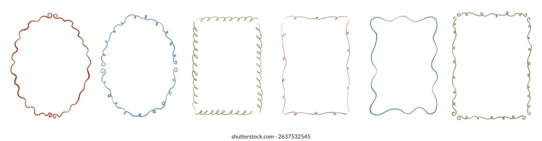 Hand drawn rectangle, oval swirl curved frame set. Pencil texture doodle curly borders collection. Chalk scribble wavy wedding invitation, greeting card, postcard design. Vintage vector illustration