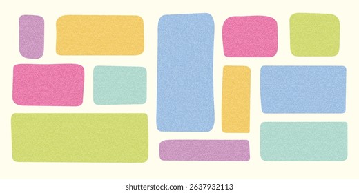 Hand drawn rectangle paper sticker set. Blank text box with grain texture. Child textbox. Quote frame for label, planner, scrapbook design, text highlight, message, speech bubble, sticker, banner