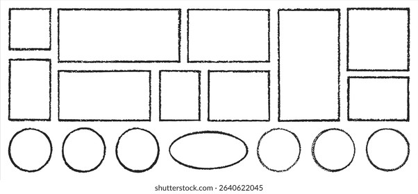 Hand drawn rectangle round text boxes, frames set, rough grunge textured thin straight line outline. Crayon chalk charcoal pastel stroke square circle oval ellipse collection. Vector borders templates