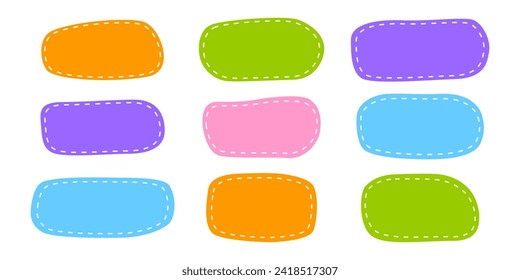 Hand drawn rectangle shapes with dashed stitches. Cute organic rectangular forms. Empty colorful tags, text boxes, stickers, labels, messages, speech bubbles templates. Vector flat illustration