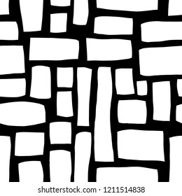 Hand drawn Rectangle shapes monochrome abstract seamless vector pattern. White blocks on black background. Hand drawn background for fabric, web banner, page fills, digital paper, wallpaper, packaging