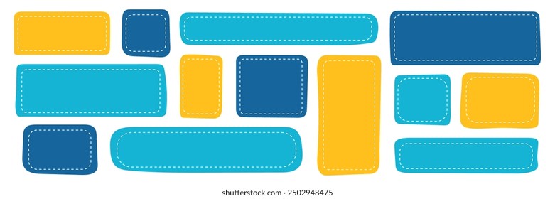 Hand drawn rectangle speech bubble stickers collection. Blue yellow playful kids quote frame with stroke line. Empty text box. Doodle hand drawn simple dialog textbox set