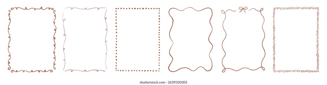 Hand drawn rectangle whimsical curved frame set. Pencil texture doodle curly borders collection. Chalk scribble wavy wedding invitation, greeting card, postcard design. Vintage vector illustration