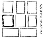 Hand drawn rectangles different sizes. Rectangle Rectangular frame set Freehand drawing Freehand rectangular border Text highlight Underline. Vector illustration.Texture Black Frame Old Grunge Square