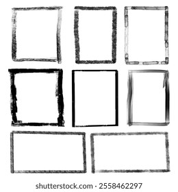 Hand drawn rectangles different sizes. Rectangle Rectangular frame set Freehand drawing Freehand rectangular border Text highlight Underline. Vector illustration.Texture Black Frame Old Grunge Square