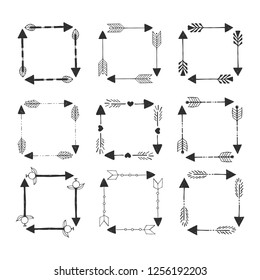 Hand drawn rectangular frames with arrows. Black tribal borders. Vector isolated illustration.