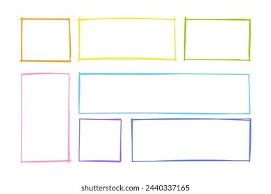 Hand drawn rectangular outline frames set. Multicolored linear text boxes collection.