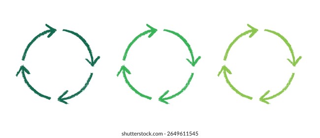Ícone de seta de reciclagem desenhada à mão Símbolo de recursos de reciclagem Reutilização de materiais, desperdício zero, ambiente verde, salvando o planeta