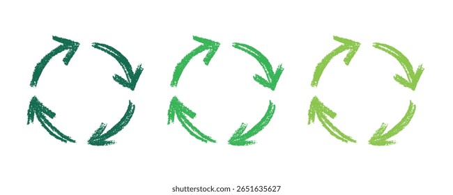 Icono de flecha de reciclaje dibujado a mano Símbolo de recursos de reciclaje Reutilización de materiales, cero residuos, medio ambiente verde, salvando el planeta