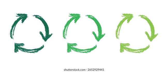 Ícone de seta de reciclagem desenhada à mão Símbolo de recursos de reciclagem Reutilização de materiais, desperdício zero, ambiente verde, salvando o planeta