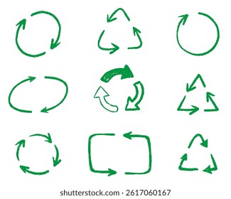 Hand drawn recycle arrows icon set. Crayon and chalk style in green color. Eco friendly sketchy pencil line arrows. Vector illustration for sustainability and environmental design