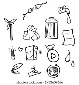 hand drawn recycle eco friendly  symbol element collection with doodle style in white background