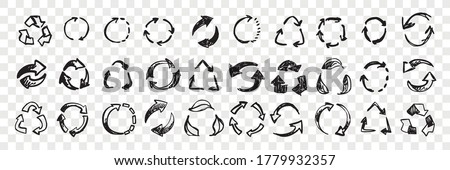 Hand drawn recycle symbol arrows doodle set. Collection of pen ink pencil drawing sketches of rounded direction pointer moving around circles on transparent background. Illustration of spinning arrows