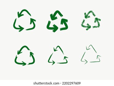 Hand drawn recycle symbol, brush strokes, vector, isolated.