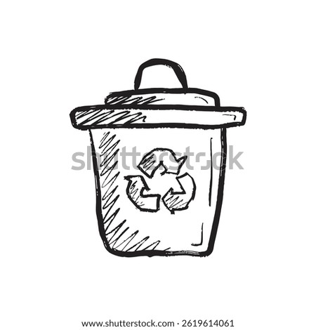 Hand drawn recycling bin with lid as a concept for plastic, zero waste, garbage sorting in black brush stroke texture isolated on white. Hand drawn vector sketch illustration in vintage charcoal ink