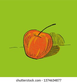Hand drawn red apple with black outline and grainy texture.
Vector colorful illustration in vintage Engraving style.