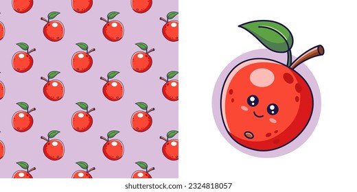 Hand drawn red Apple in doodle style for designing baby clothes. Postcard with Apple and seamless pattern. Cartoon Bohemian nursery print. Kids design texture for pajamas. Vector illustration.