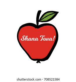 Hand drawn red apple. Shana Tova. Jewish new year. Rosh Hashana hebrew holiday celebration. Traditional symbol. Vector illustration.