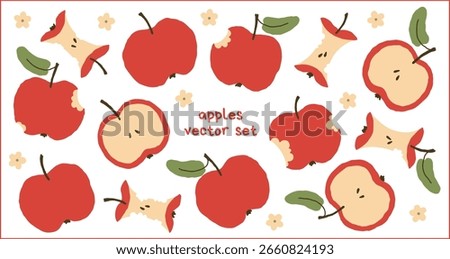 Hand drawn red apples illustration. Whole, half, bitten. Vector isolated set, editable elements with transparent background. Back to school. For design, poster, textile, wallpaper, packaging, stickers