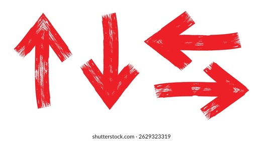 Hand drawn red arrow brush, ink, brush style. Grunge arrow paint different direction isolated on transparent background. Vector illustration