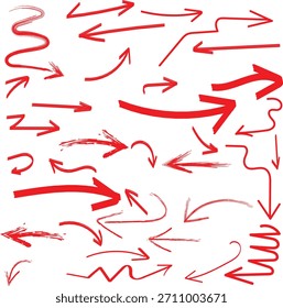 Coleção de setas vermelhas desenhadas à mão sobre fundo branco para direção e navegação.