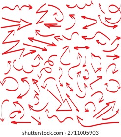 Hand drawn red arrow collection on white background for design elements