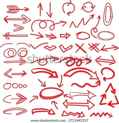Hand drawn red arrows collection with multiple sketch styles and shapes.Red doodle arrow set featuring various hand drawn symbols and directions
