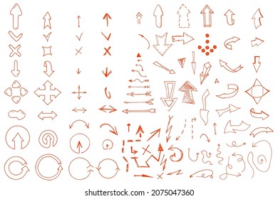 Colección de flechas rojas dibujadas a mano.Ilustración vectorial en estilo doodle.