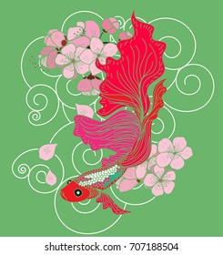 Hand drawn red beta fish and sakura vector on green background.Traditional Japanese culture for printing on background.