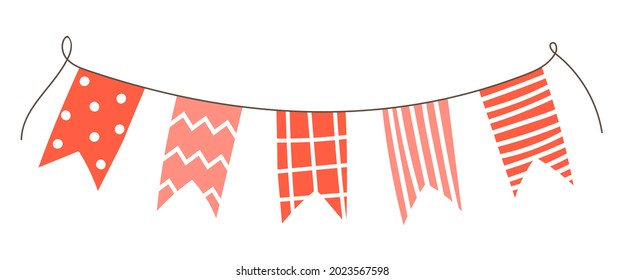 Hand drawn red birthday flags for decoration. Doodle style paper party garland. Vector illustration of carnival or festival bunting. Kids birthday celebration, clipart design