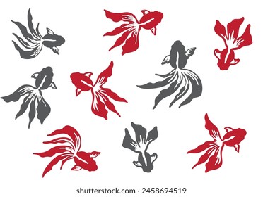 Hand drawn red and black goldfish illustration set