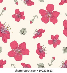 hand drawn red blossoms buds and leaves detailed seamless pattern