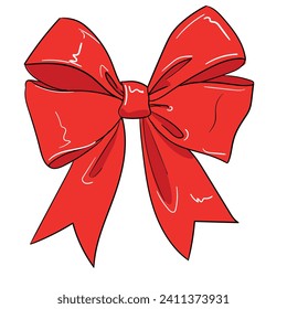 Hand drawn Red Bow, Sketch Bow Isolated On White Background Vector, Design element for Christmas, holiday, birthday card, banner, background.Sketch drawing graphic element collection