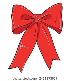 Hand drawn Red Bow, Sketch Bow Isolated On White Background Vector, Design element for Christmas, holiday, birthday card, banner, background.Sketch drawing graphic element collection
