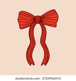 Arco vermelho desenhado à mão com listras. Ilustração desenhada à mão do vetor de bowknot da fita na estética da coquette
