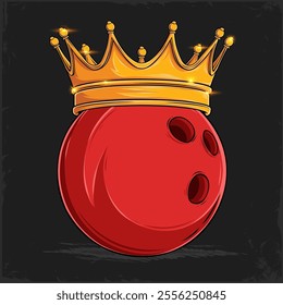 Hand drawn red bowling ball with golden shiny majestic royal king crown, bawling ball with crown